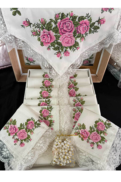 Çt Çeyizci Tekstil Set de masă cu broderie în cruce pentru 12 persoane, roz –...