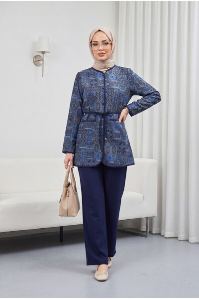 Modamorfo Top with Buttons, Pockets, Belt, and Patterned Trousers - Dark Blue