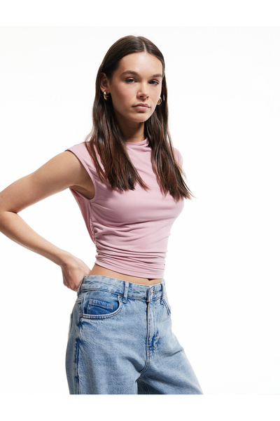 Koton Drapeli Dik Yaka Kolsuz Crop Slim Fit Üst