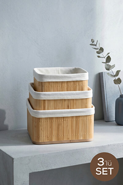 Vienev 3'lü Set Kare Bambu Organizer Sepet | Banyo Mutfak Dolap İçi