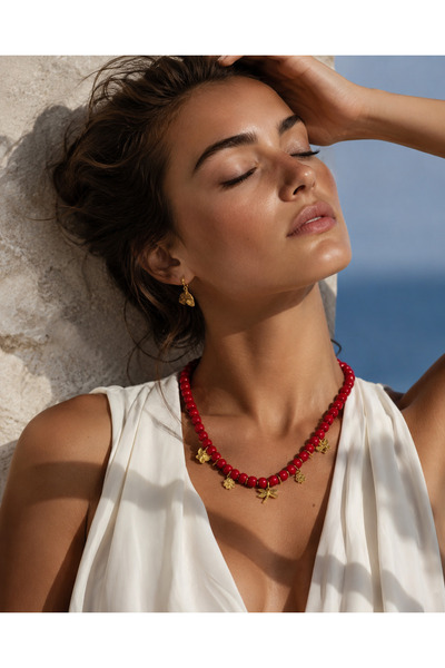 Solare Accessories Kırmızı Taş Detaylı Altın Kaplama Charm Kolye