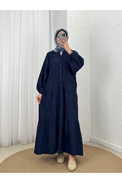 MİHRA STORE Asude Brode Desen Yarım Patlı Elbise-PE600 Lacivert