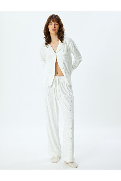 Koton Knitted Plain Pajama Bottoms with Wide Legs and Shiny Star and Moon Print