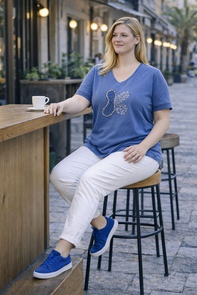 CEDY DENIM CEDY - تي شيرت نسائي بتصميم خاص مرن ، مزين بالترتر، دانتيل تي شيرت مفصل بتفاصيل مغسولة وياقة على شكل حرف V مقاس كبير