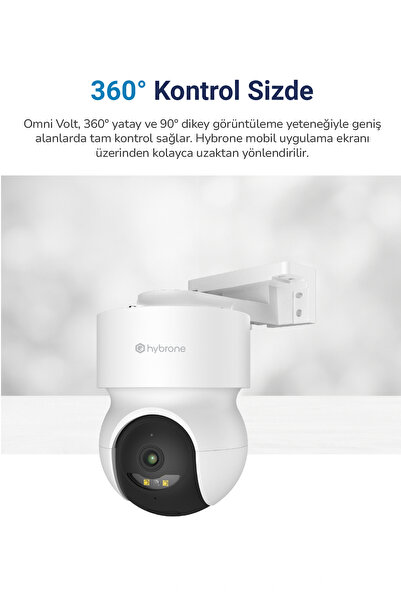 Hybrone Omni Volt 3MP Akıllı Dış Ortam WiFi, Gece Görüşlü, 360° PTZ, İnsan Algılama, Siren, Güvenlik Kamerası