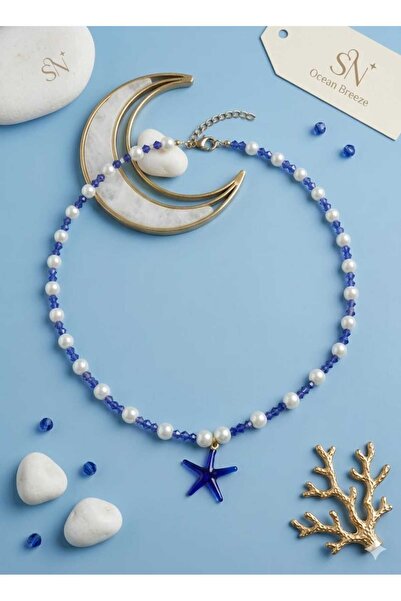 Butik Women's Necklace with Star Glass Combination at the End of the Blue Gla...
