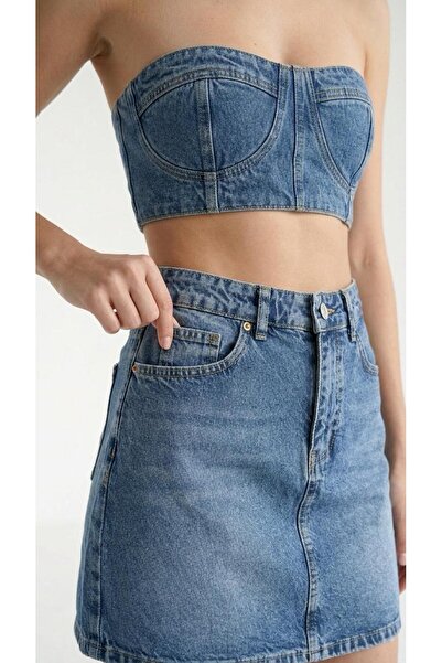 jean shop Kadın Yüksek Bel Mini Kot Etek Cepli Dar Kalıp %100 Pamuk Denim Etek