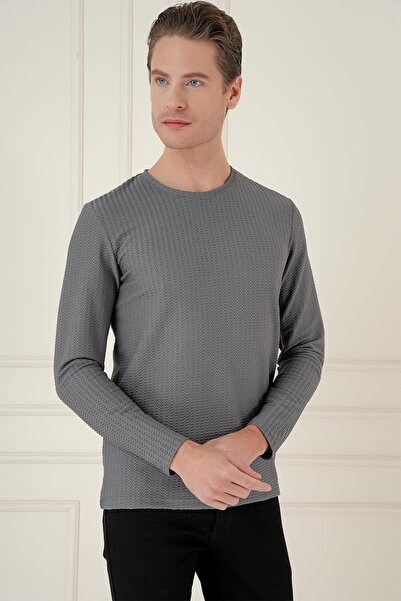 Efor Slim Fit Pamuklu Petek Dokuma Uzun Kollu Polo Yaka Gri Tişört TS 891