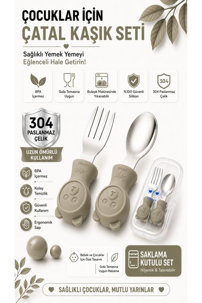 jojobebek Premium Children's Bpa Free Quality Silicone Handle Stainless Steel Tip Fork-Spoon /Grey