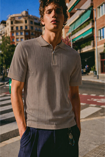 Maccali Men's Striped Zippered Trendy Brown Polo Collar t Shirt