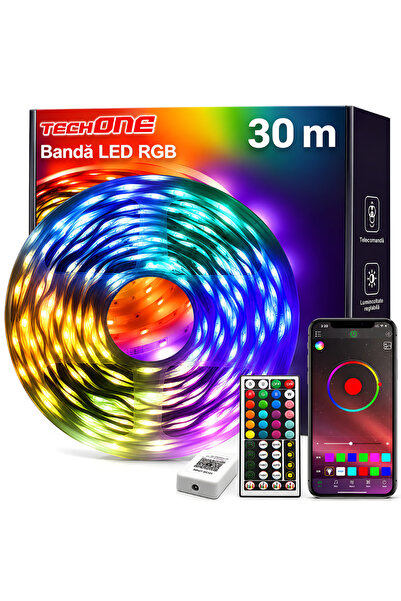Techone Kit bandă LED Smart RGB 30 m (2x13.5m), Aplicație, Telecomandă, Bluet...
