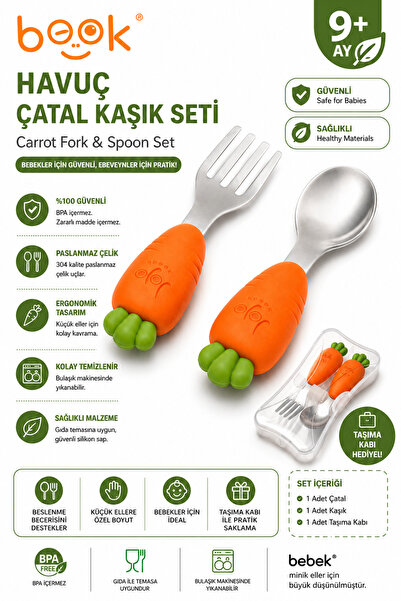 jojobebek Çocuk Silikon Saplı Paslanmaz Çelik Uçlu Çatal Ve Kaşığı (HAVUÇ FİG...