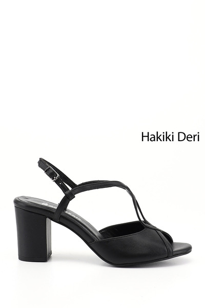 GÖNDERİ(R) Kadın Siyah Kalın Topuklu Arkası Açık Hakiki Deri Sandalet