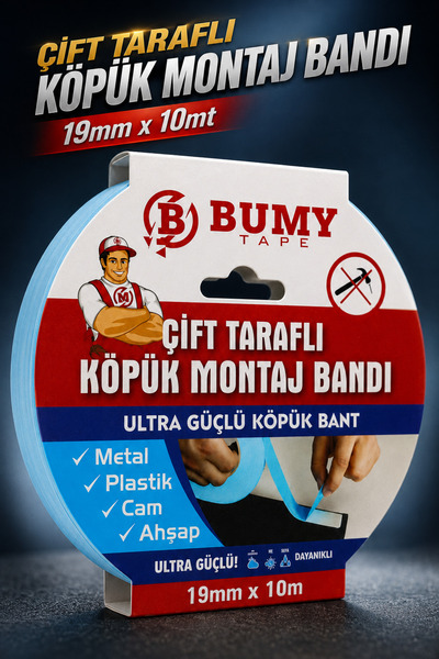 BUMY Çift Taraflı Köpük Montaj Bandı 19 Mm X 10 Mt - Iç Ve Dış Mekan Kullanım...