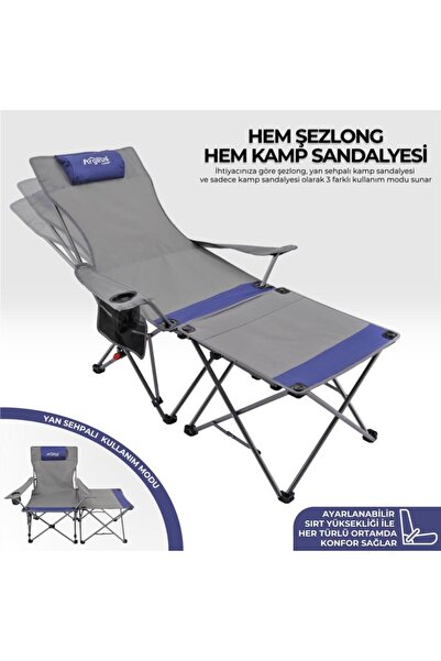 ARGEUS Sırt Ayarlı Katlanabilir Kamp Sandalyesi - 4 Kademeli - Lounge - Gri/Mavi