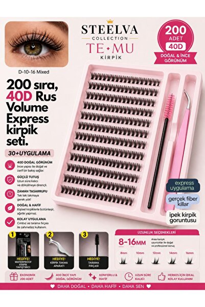 STEELVA 200 Adet Takma Kirpik Demeti Yapıştırıcı Cımbız Kirpik Fırçasıyla 40D...