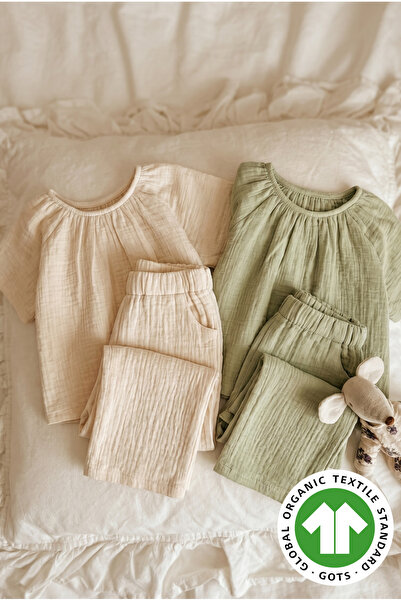 Cotton Trips %100 Pamuk Müslin Palazzo Pantolon Dökümlü Bluz Takım 2-7 Yaş Ekru
