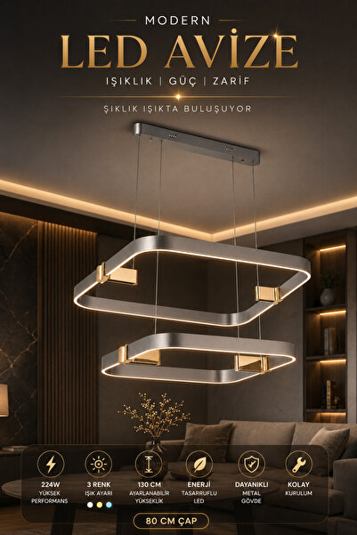 Elvora Home 2'li Modern (PREMİUM) 3 Renkli LEDli Sarkıt Avizesi Platin Salon ...