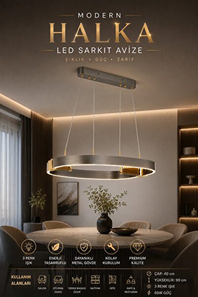 Elvora Home Modern (PREMİUM) Sarkıt LED Avize 3 Renk Gold Füme Dekoratif Aviz...