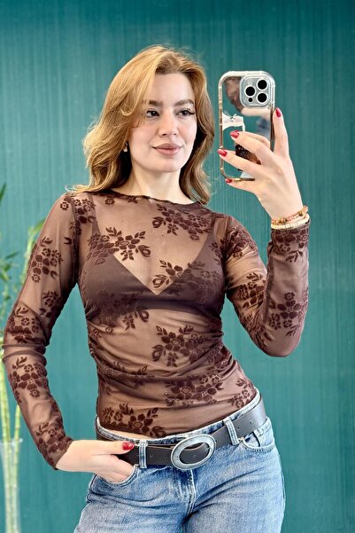 Raneel Kazançlı Alışveriş بلوزة نسائية بنمط القارب مطرزة بالزهور من التول الش...