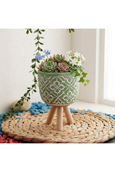 ADAA MANDALA DESENLİ AHŞAP AYAKLI BETON SAKSI