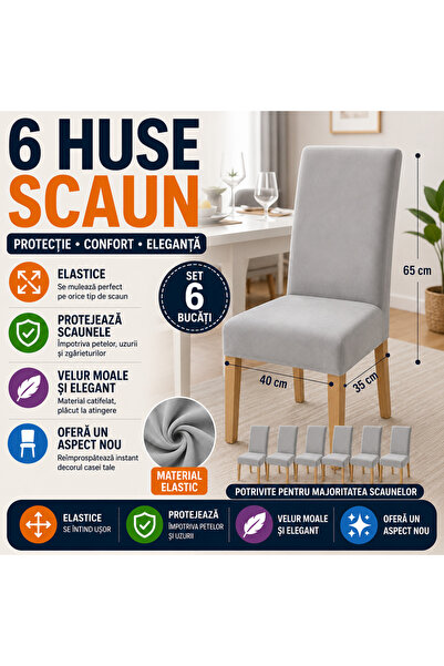 SMARTECH Set 6 Husa Pentru Scaun, 65x40x35 cm, Catifea, Elastic, Protectie Im...