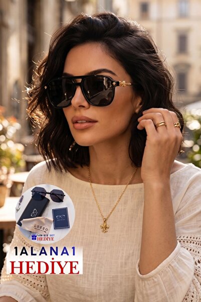 Lozzo نظارات شمسية نسائية UV400 باللون الأسود والذهبي الطيار WP25-19 C2 بمقبض...