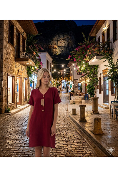 Hale Shop Müslin Şengül Düğme Detaylı Elbise