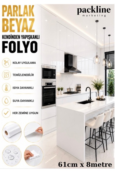 Packline Marketing Sjajna bela lepljiva folija za kuhinjske ormariće i prekri...