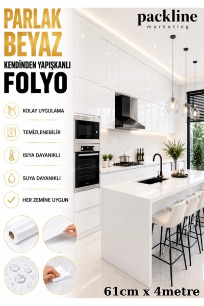 Packline Marketing Sjajna bela lepljiva folija za kuhinjske ormariće i prekri...