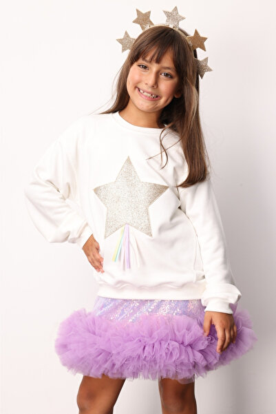 Le Mabelle White Star Embroidered Long Sleeve Girls' Sweatshirt with Ribbon D...