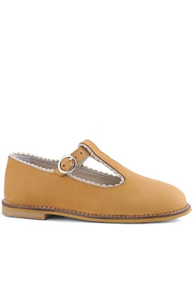 Rakerplus Genuine Leather Tan Girls' T-Bar Ballerina Shoes