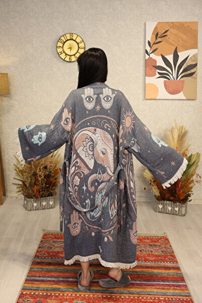 Befera Design Müslin Kimono %100 Pamuklu Etnik Fil Desenli Jakarlı Bornoz Kaf...