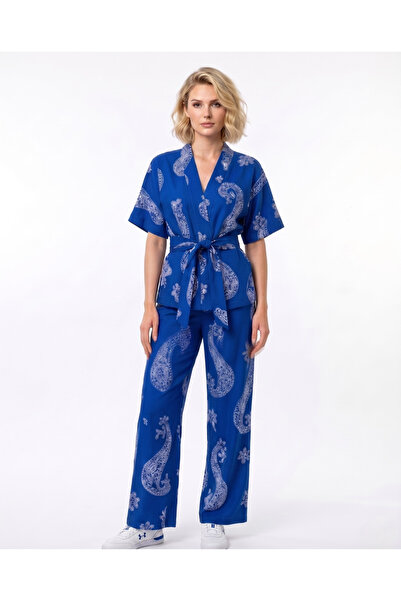 S Mall Keten Kadın Kimono Takım - Desenli