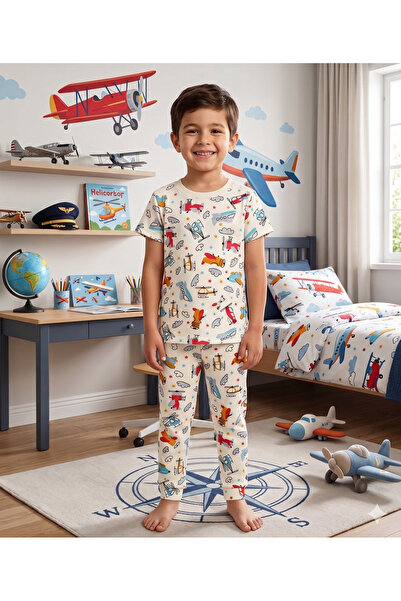 elmas kids Σετ καλοκαιρινής πιτζάμες με κοντομάνικο κοντομάνικο μοτίβο αεροπλ...