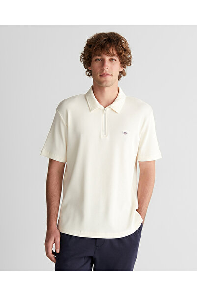 Gant Erkek Krem Relaxed Fit Yarım Fermuarlı Logolu Polo Yaka T-Shirt
