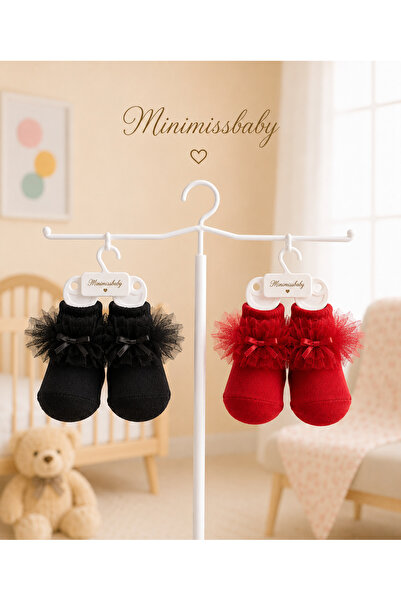 Minimissbaby 🖤 ❤️   Bowknot Detailed Baby Girl Socks – Black & Red Double Pack