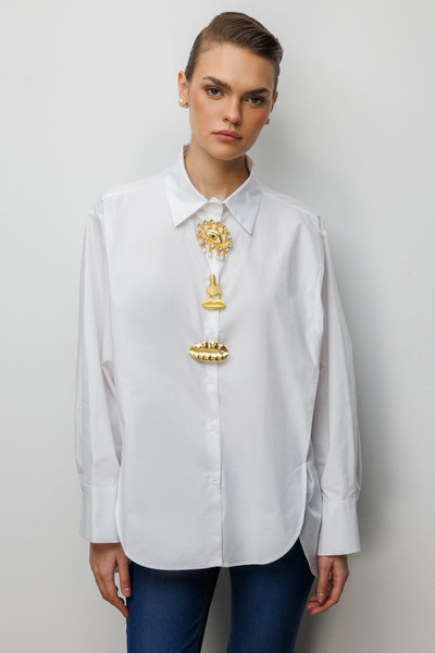 Ekol Oversized Cotton Shirt with Metal Brooch