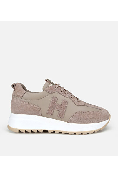 Hotiç Women's Suede Leather Beige High-Top Sneakers