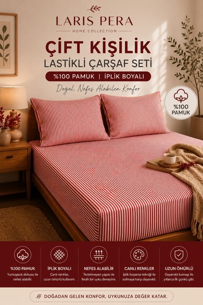 Larispera Set cearșafuri duble elastice, din bumbac, vopsite în fir, 180x200c...