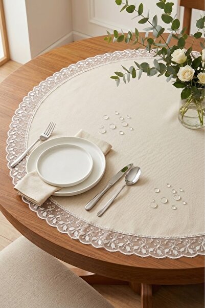 Rona Home Stain-Resistant Water-Repellent Quality Fabric Round Runner Ecru La...