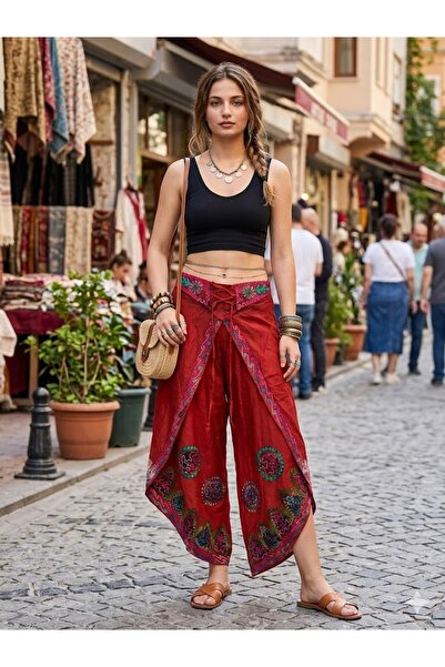 AYASOFYA OTANTIK Γυναικείο ινδικό έθνικ παντελόνι με κεντητό κάλυμμα και σαλβάρι