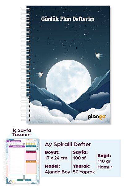 Plango Ay ve Bulutlar Spiralli Günlük Planlama Defteri - 100 Sayfa - 17x24 Pl...