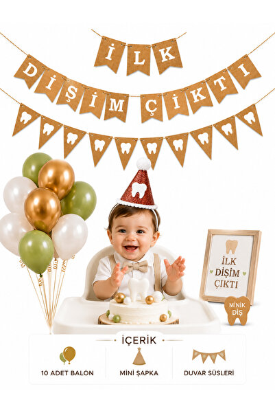 Partifabrik İlk Dişim Çıktı Diş Partisi 4 Parçalı Duvar Süsü Şapka Balon