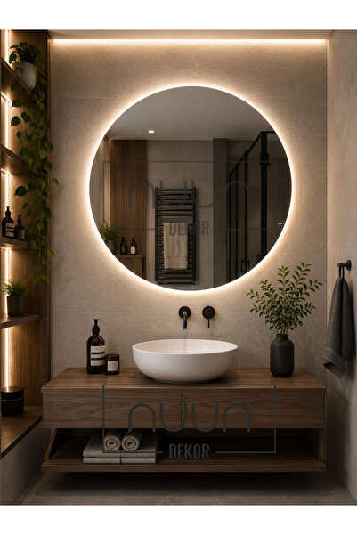NUUN DEKOR Prizli Günışığı Ledli Dekoratif Yuvarlak Ayna Banyo Aynası Duvar A...
