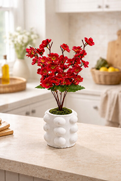 Red Spring Branch Artificial Flower in Concrete Bubble Flower Pot – Decorative Table Top Living Room Office Flower