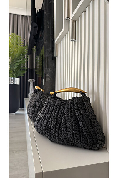 WOMANBAG Handmade Wicker Black Gold Metal Design Handle Handbag (33X20Cm)