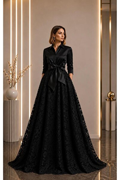 SERAVENZA COUTURE Maxi Boy Eteği Dantel Detaylı Seyyar Kuşaklı Şık Gömlek Elb...