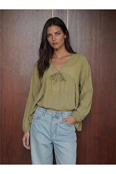 WeShaya Çağla Viscose Nylon Blended Lace-Up Front Long Sleeve Loose Cut Blouse
