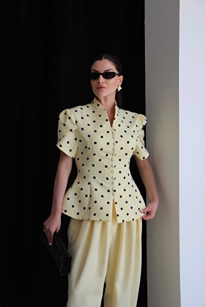 Julidress Premium Suit with Stand-Up Collar and Button Detailing, Yellow Polk...